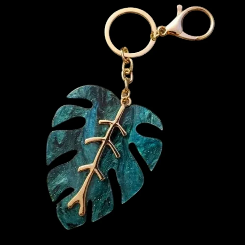 Monstera Keychain with Gold Accents